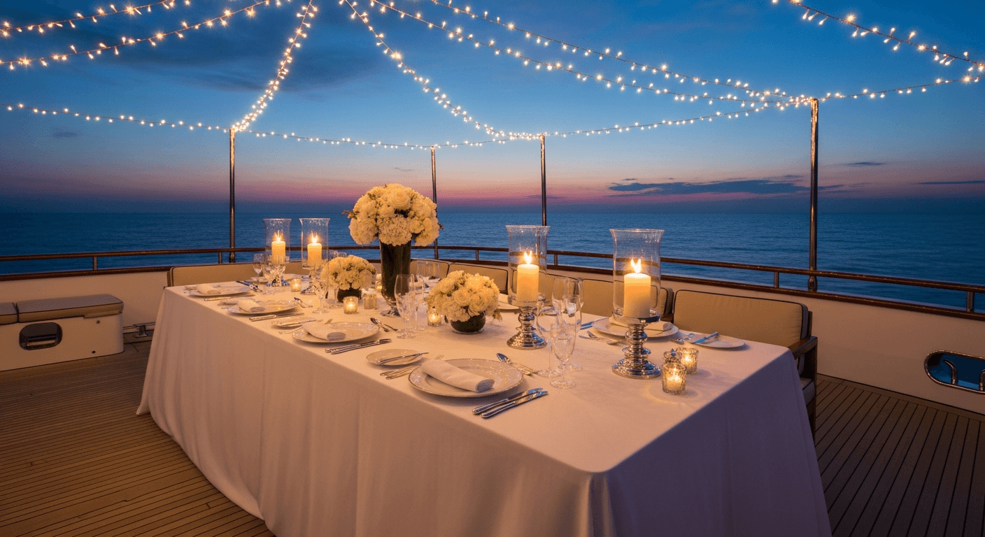 Wedding reception dinner on yacht