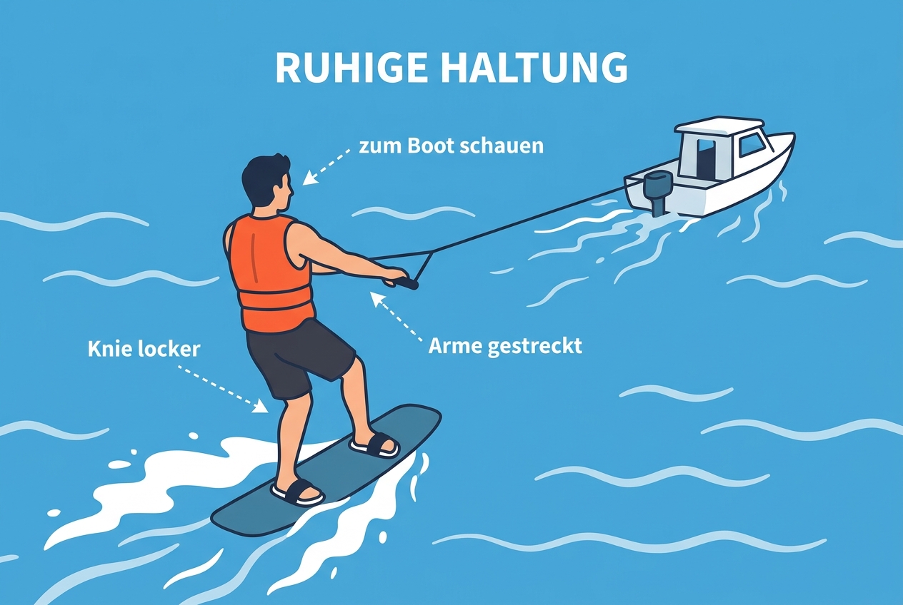 Ruhige Haltung: das Board fährt gerade hinter dem Boot, Knie locker, Arme gestreckt