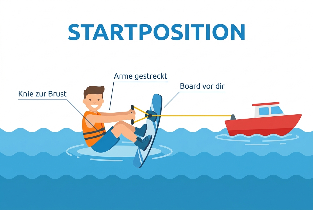 Startposition im Wasser: Knie zur Brust, Arme gestreckt, Board vor dir