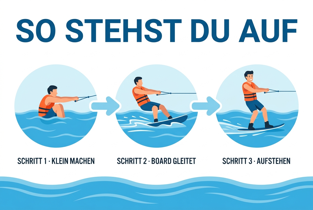 Drei Schritte zum Aufstehen auf dem Wakeboard: klein machen, das Board gleitet, aufstehen