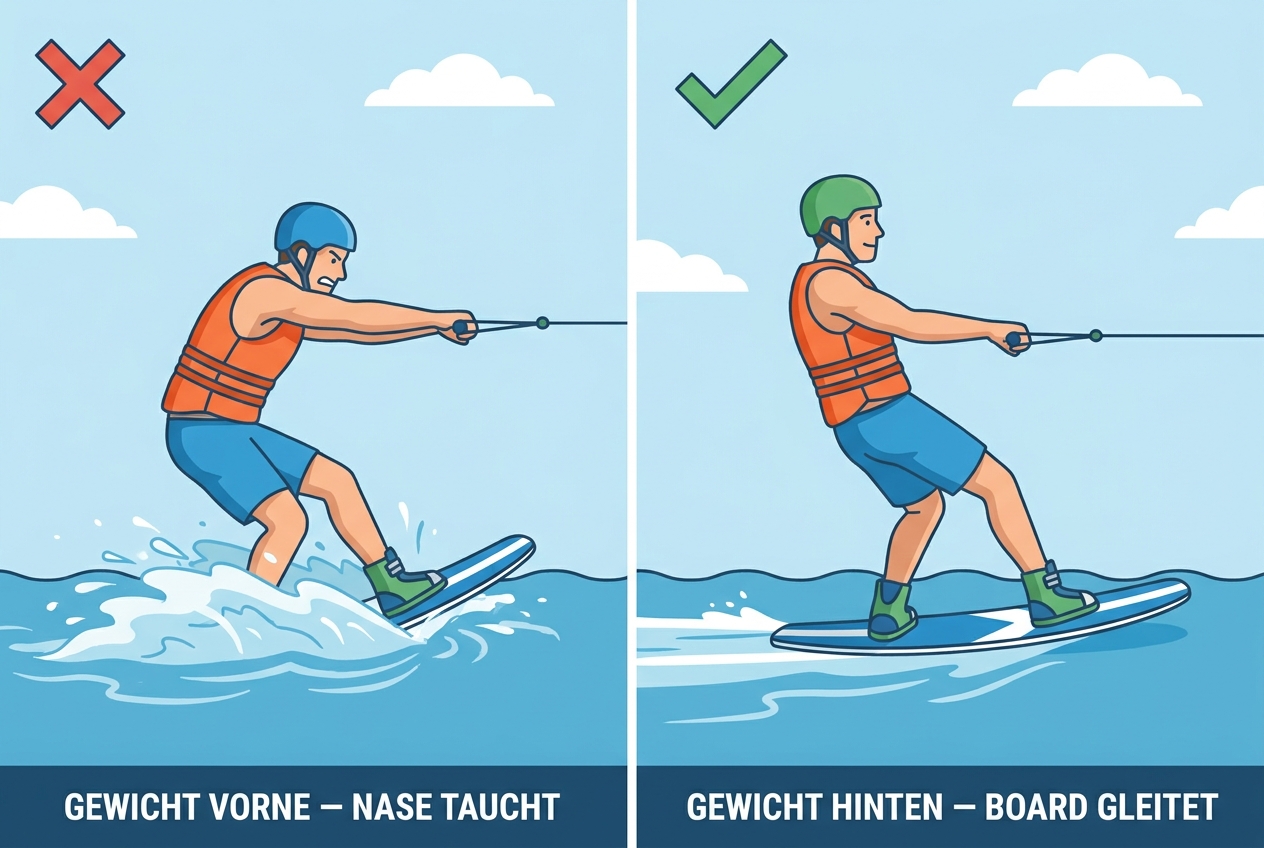 Gewicht vorne lässt die Nose abtauchen; Gewicht hinten lässt das Board gleiten
