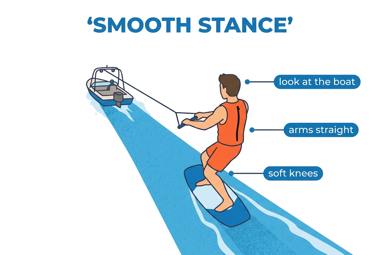 Smooth wakeboard stance: board riding straight behind the boat, soft knees, arms straight