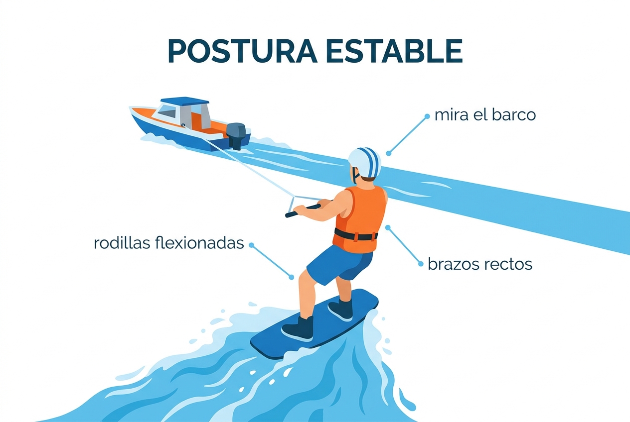 Postura estable: la tabla va recta detrás de la lancha, rodillas flexionadas, brazos rectos