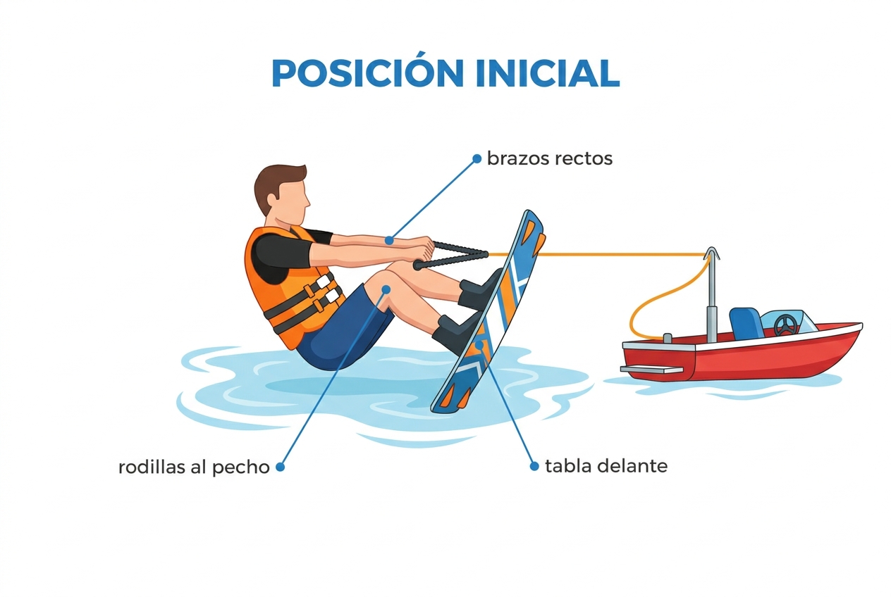 Posición inicial en el agua: rodillas al pecho, brazos rectos, tabla delante