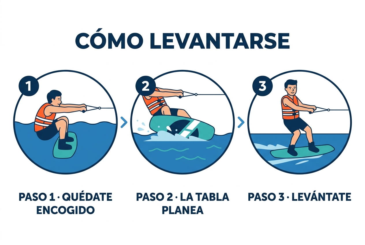 Tres pasos para levantarse en el wakeboard: quédate encogido, la tabla planea, levántate