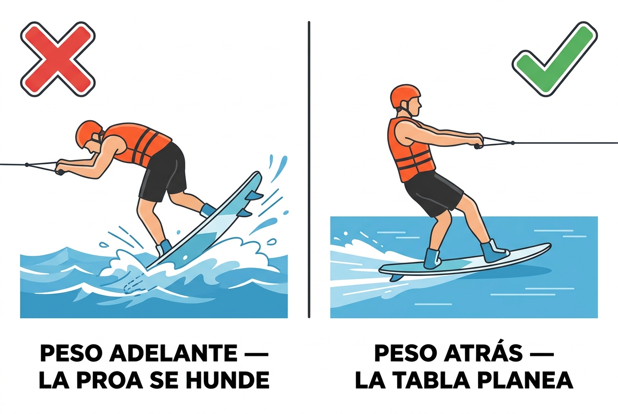 Peso adelante hace que se hunda la proa; peso atrás hace que la tabla planee