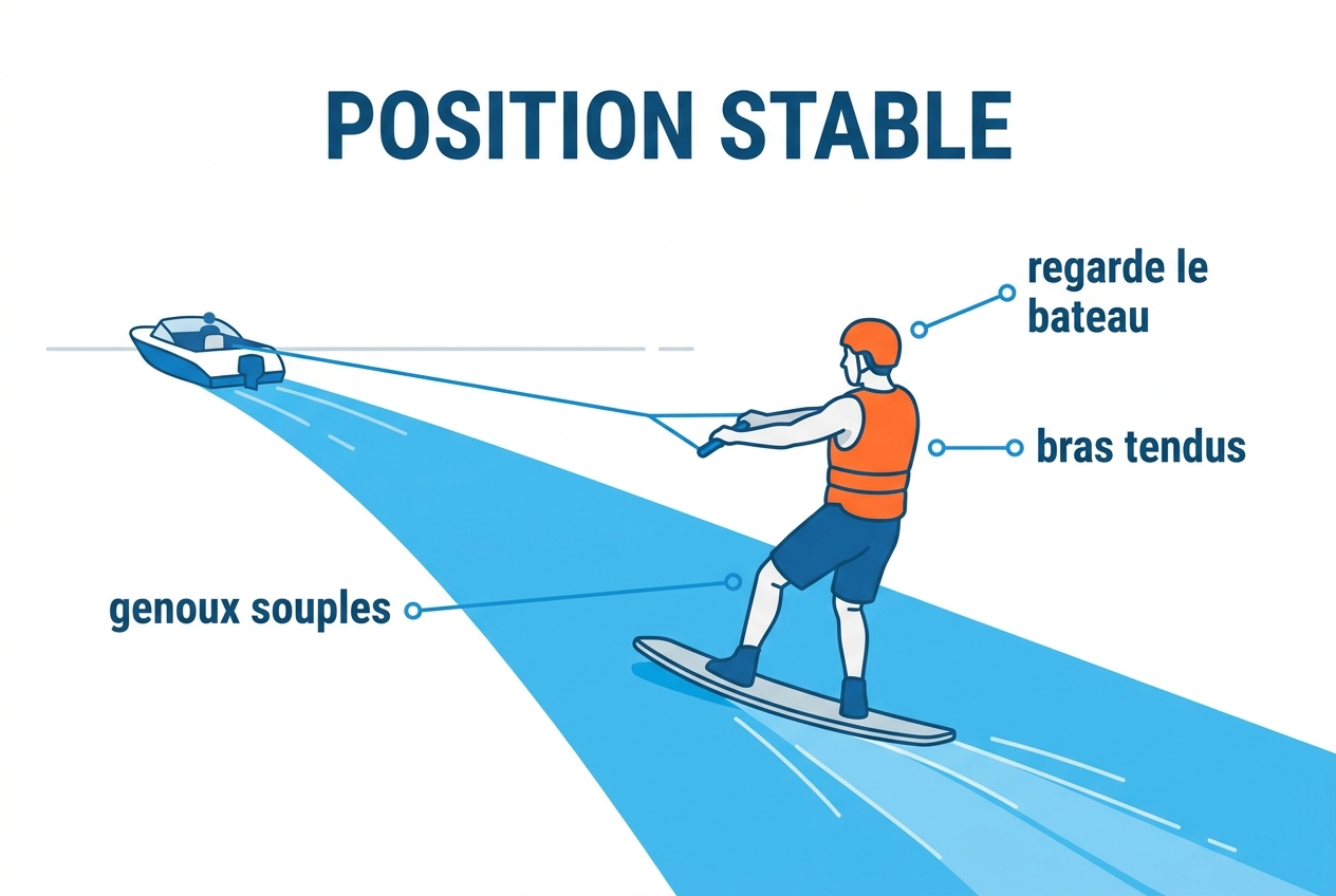 Position stable : la planche va droit derrière le bateau, genoux souples, bras tendus