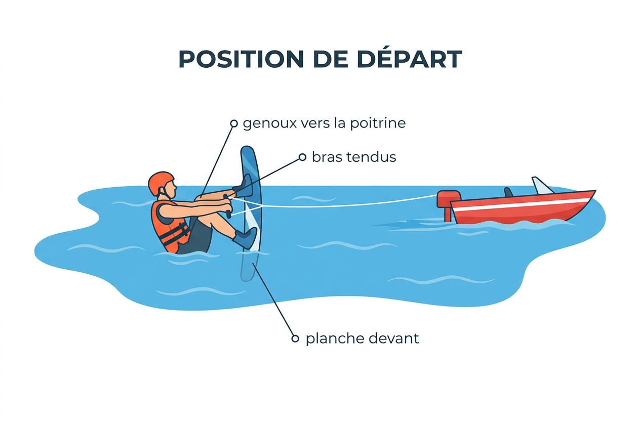 Position de départ dans l'eau : genoux vers la poitrine, bras tendus, planche devant