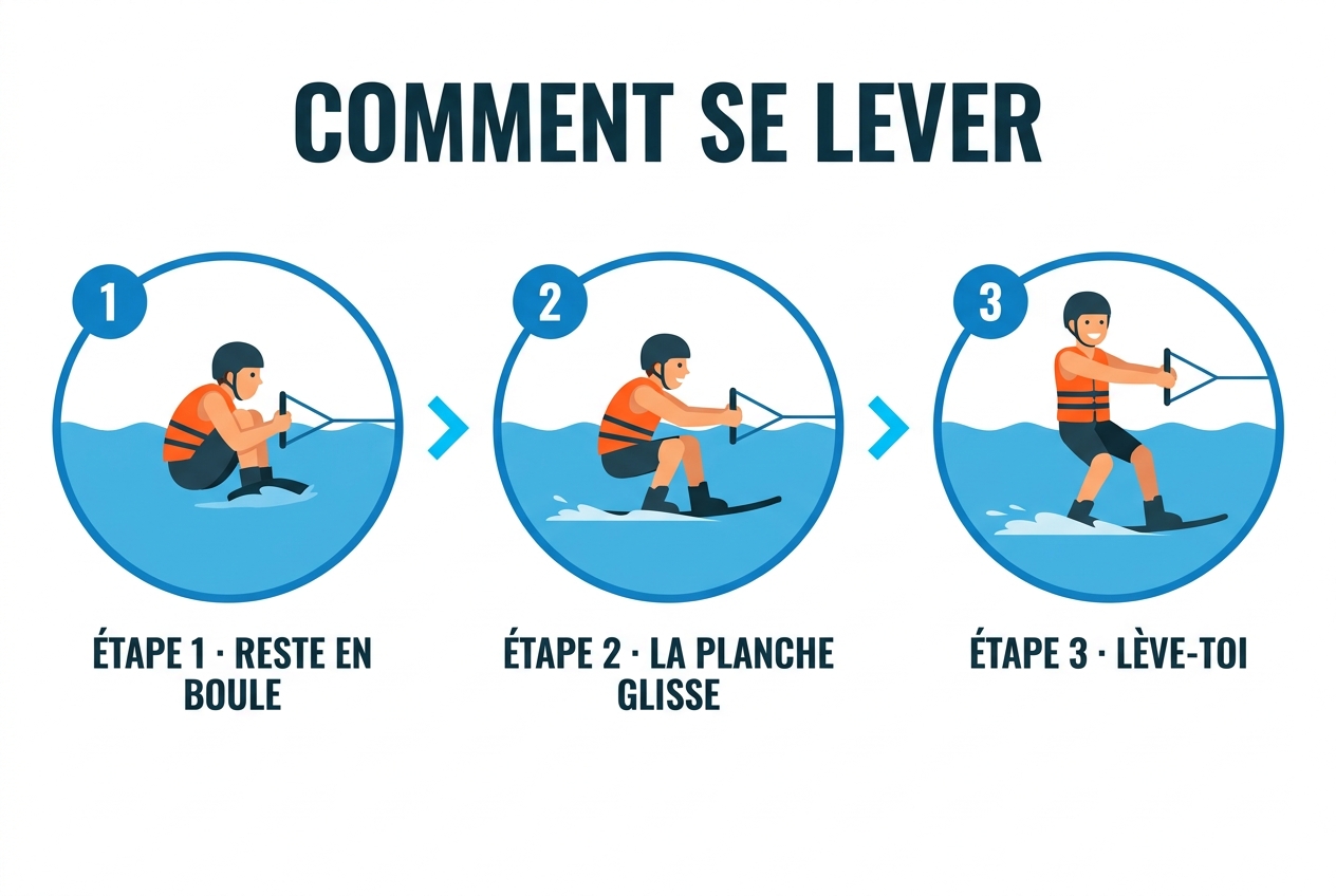 Trois étapes pour se lever en wakeboard : reste en boule, la planche glisse, lève-toi