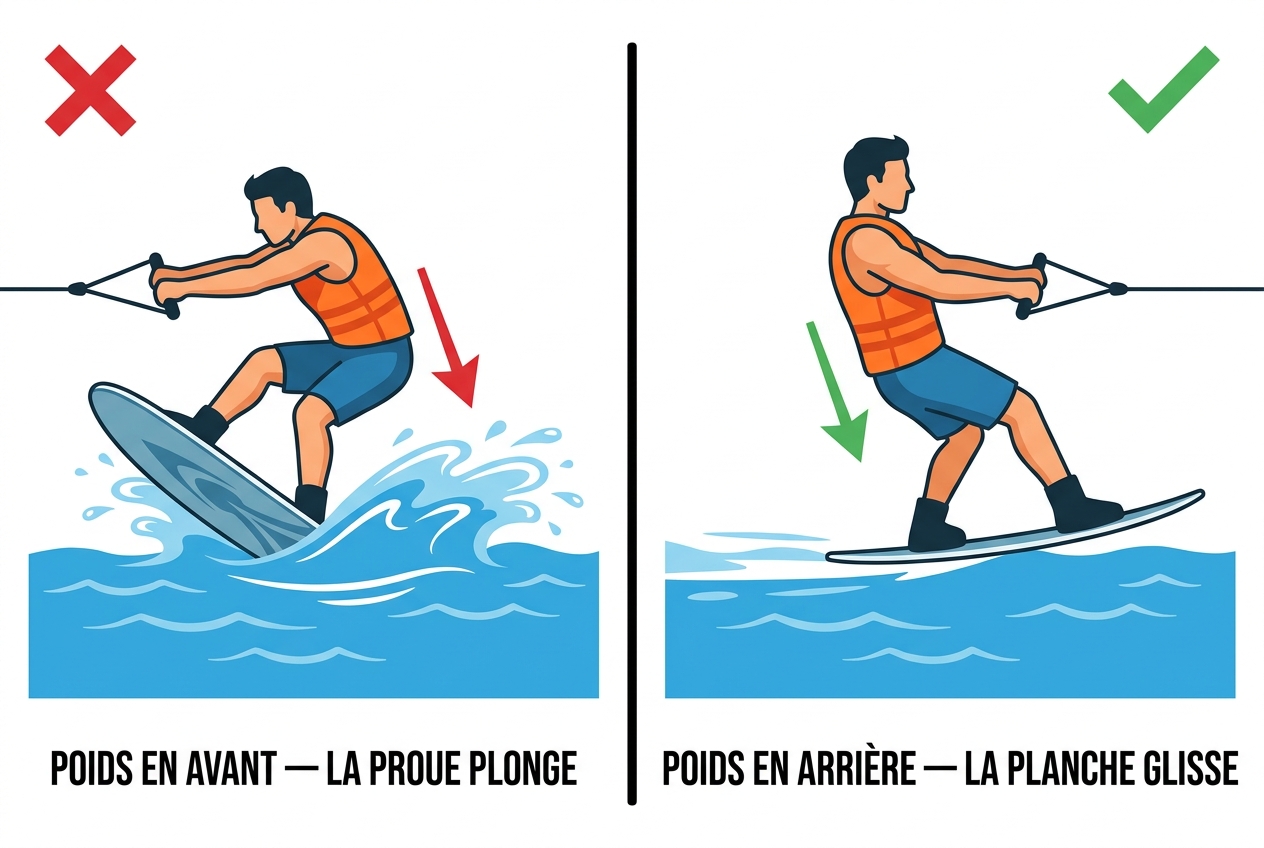 Le poids en avant fait plonger l'avant ; le poids en arrière fait planer la planche