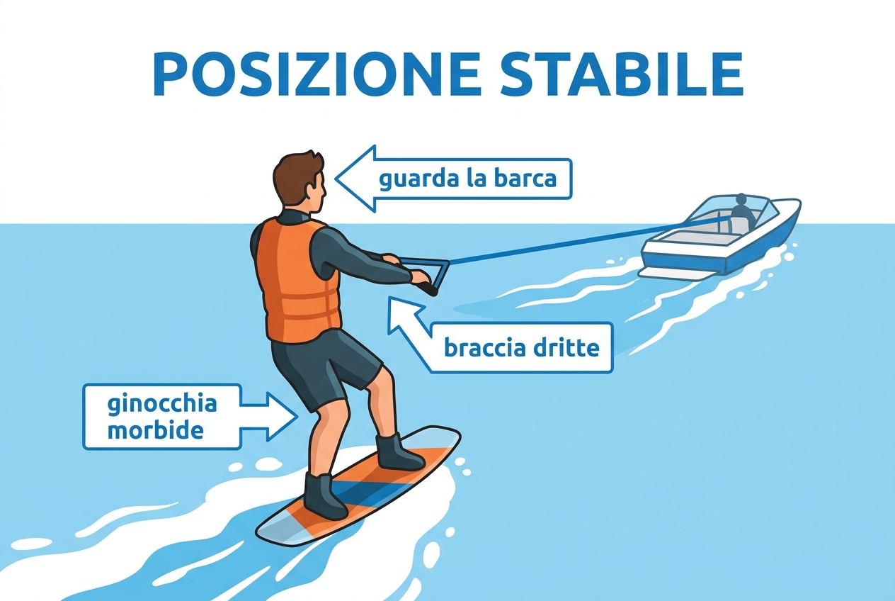 Posizione stabile: la tavola va dritta dietro la barca, ginocchia morbide, braccia dritte