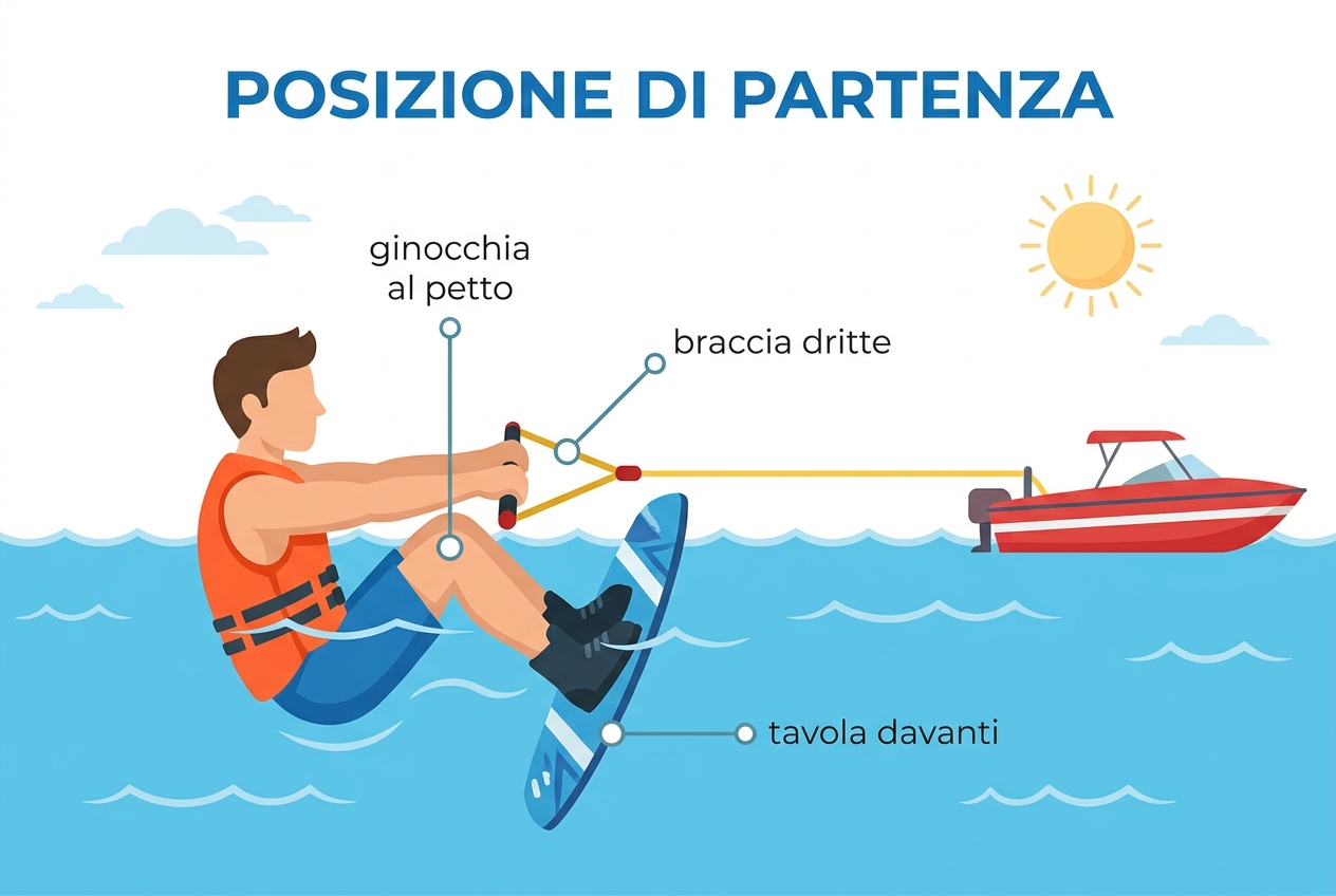 Posizione di partenza in acqua: ginocchia al petto, braccia dritte, tavola davanti