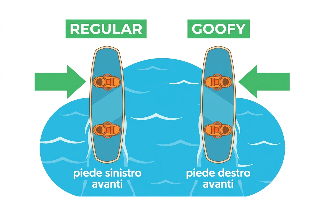 Posizione Regular e Goofy sul wakeboard — quale piede davanti