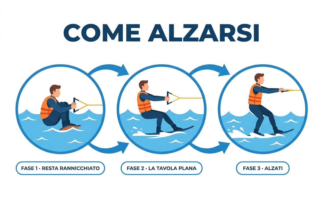 Tre fasi per alzarsi sul wakeboard: resta rannicchiato, la tavola plana, alzati