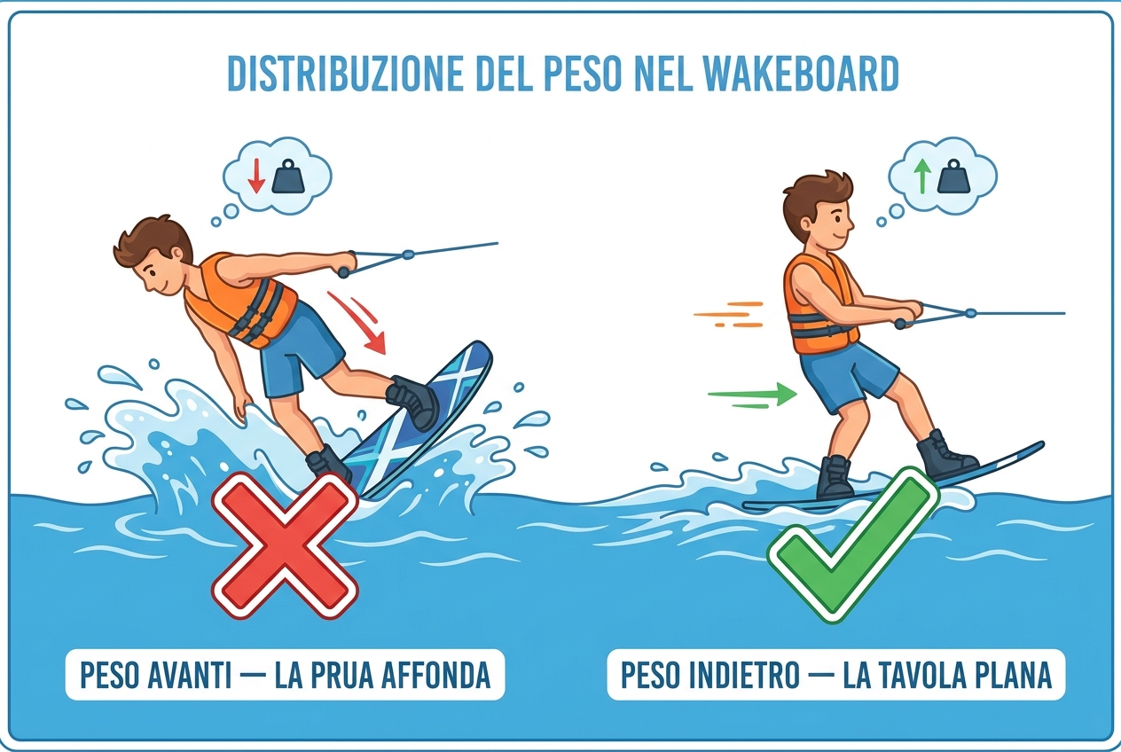 Il peso in avanti fa affondare la prua; il peso indietro fa planare la tavola