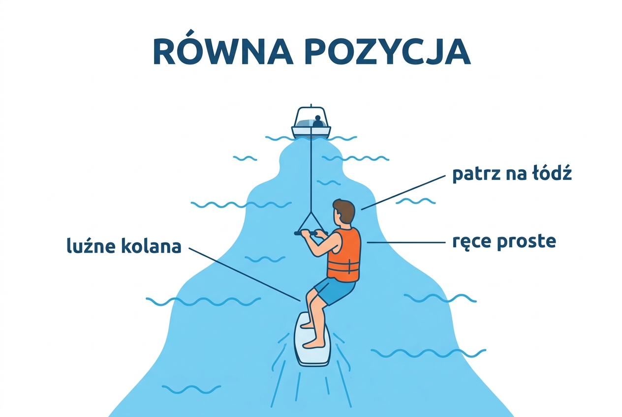 Równa pozycja: deska jedzie prosto za łodzią, luźne kolana, ręce proste