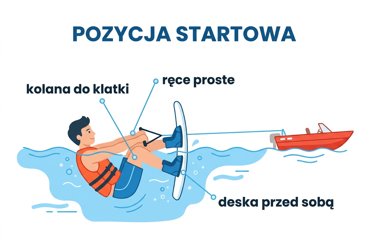 Pozycja startowa w wodzie: kolana do klatki, ręce proste, deska przed sobą