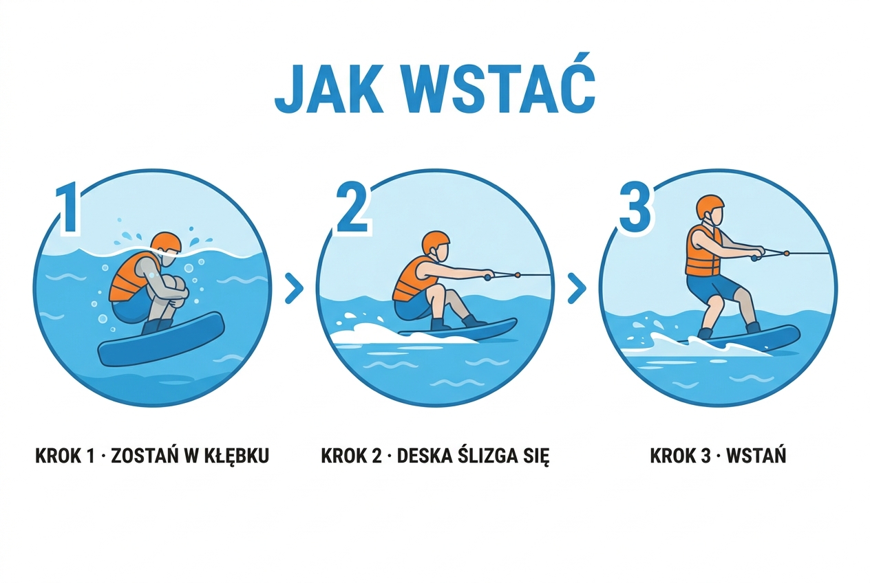 Trzy kroki, żeby wstać na wakeboardzie: zostań w kłębku, deska ślizga się, wstań