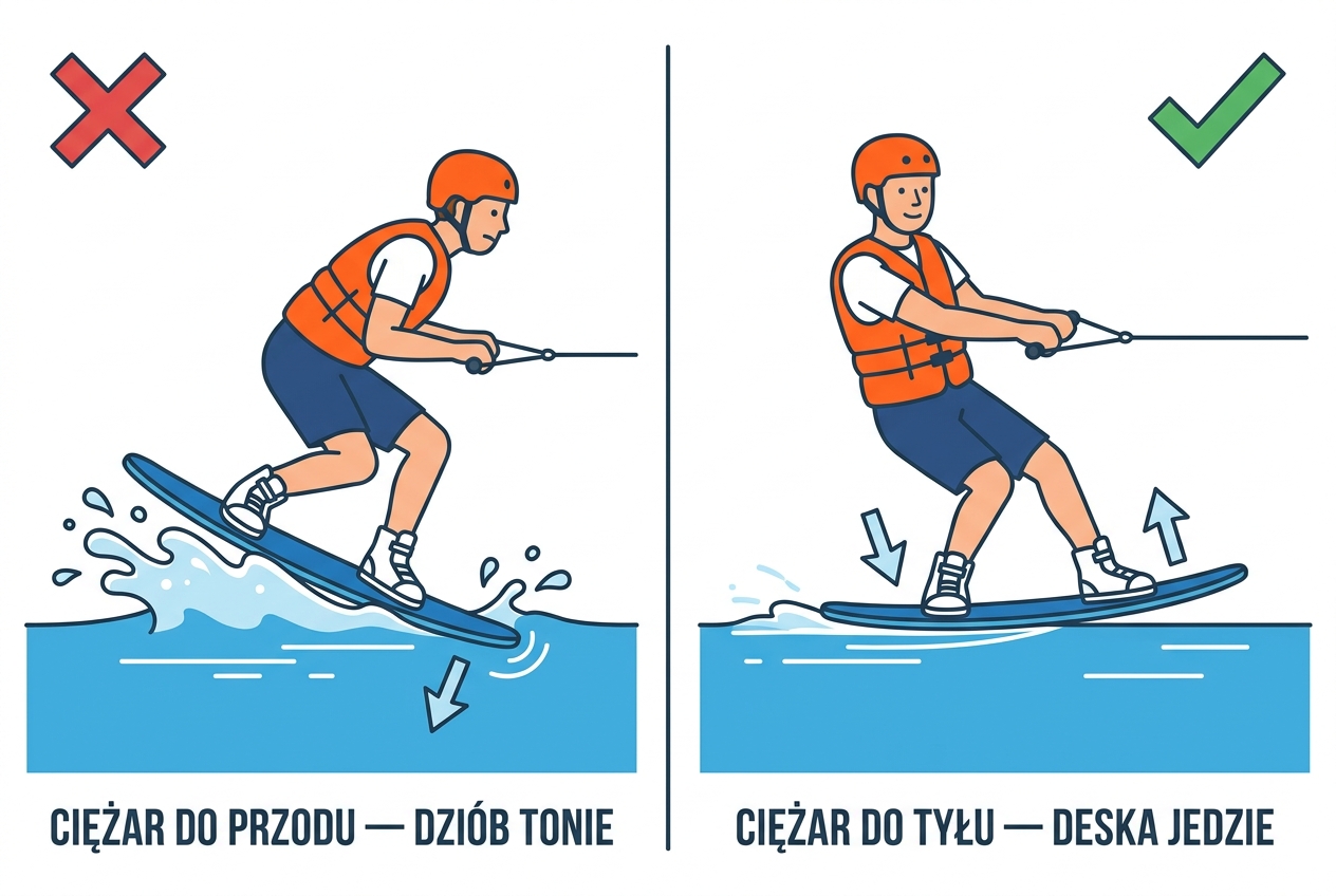 Ciężar do przodu topi dziób; ciężar do tyłu sprawia, że deska się ślizga