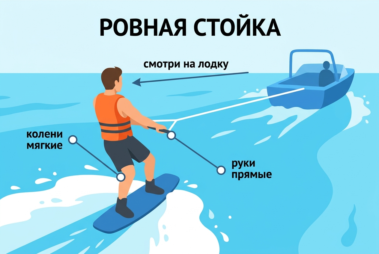 Ровная стойка на вейкборде: доска едет прямо за лодкой, колени мягкие, руки прямые