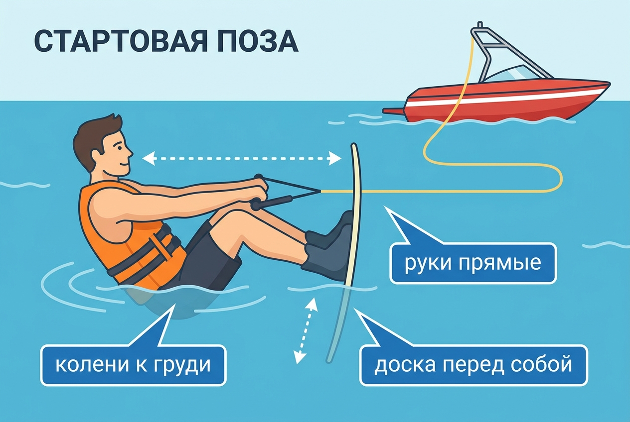 Стартовая поза на вейкборде в воде: колени к груди, руки прямые, доска перед собой