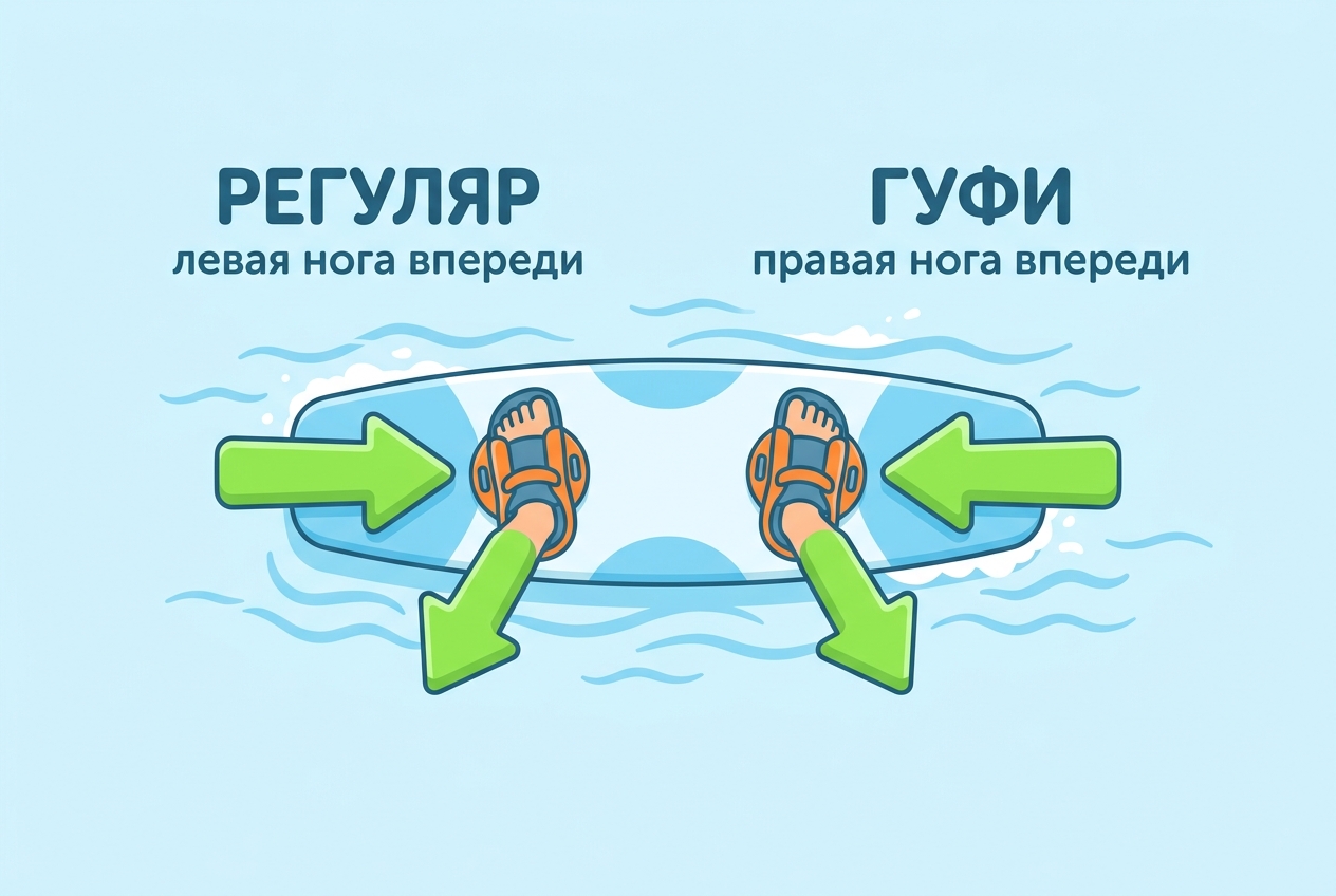 Стойка Регуляр и Гуфи на вейкборде — какая нога впереди
