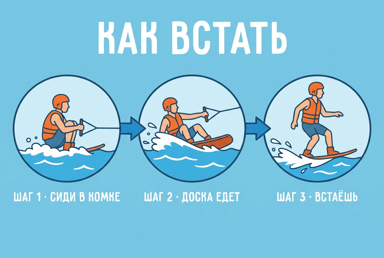 Три шага, чтобы встать на вейкборд: сиди в комке, доска поехала, встаёшь