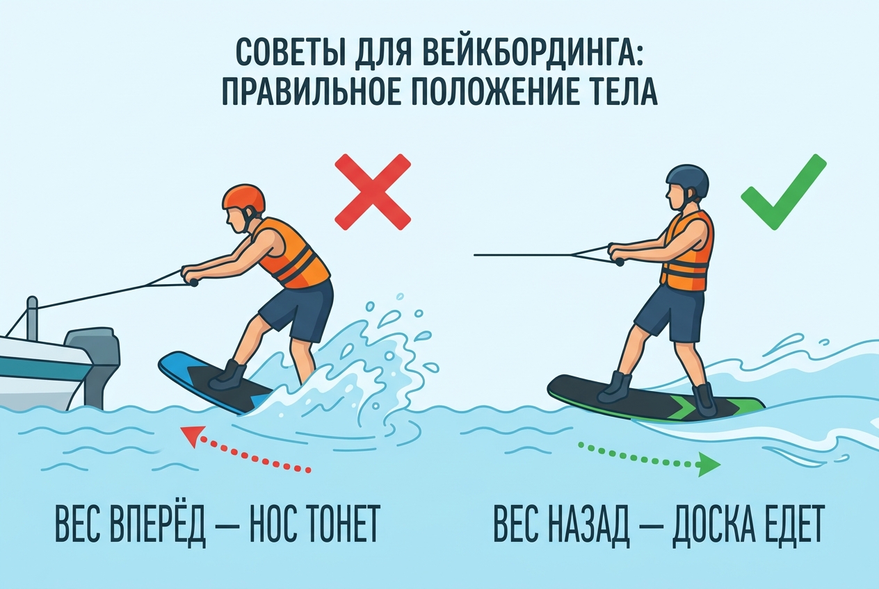 Вес вперёд — нос тонет; вес назад — доска едет по воде